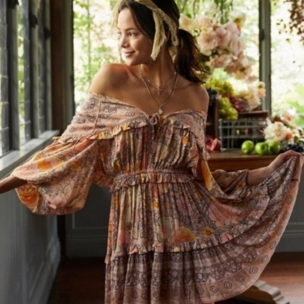 SOLD OUT Gypsy Boho Festival Floral Mini Long Sleeve Dress - Picture 1 of 9